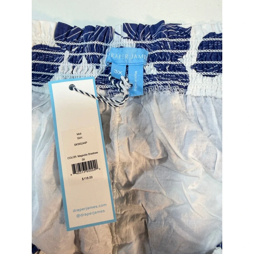 Draper James Midi Skirt Women 3X White Blue Floral Magnolia Shadows Smocked NEW